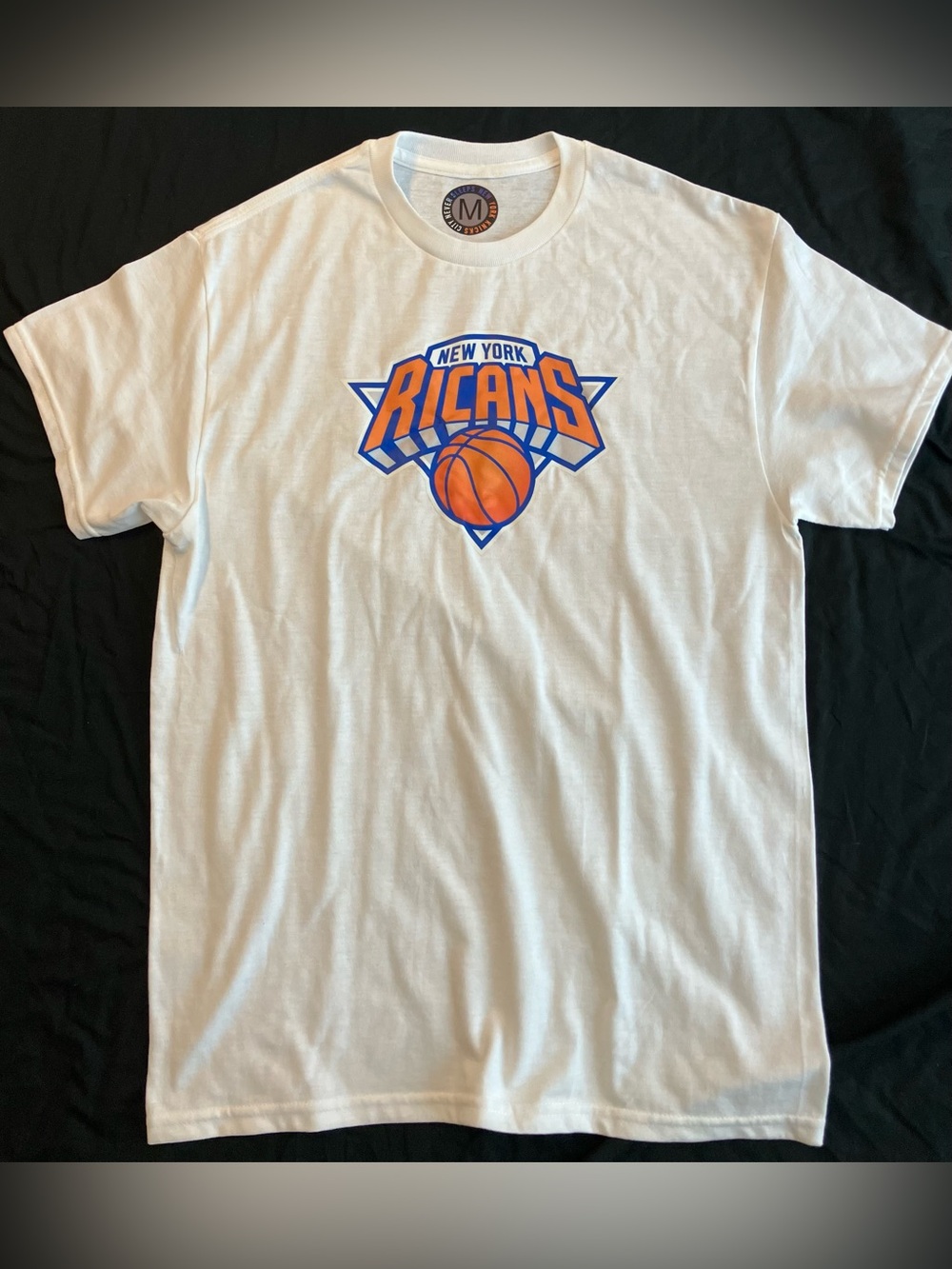 “Ricans” New York Knicks Style Orange Blue Double Parade White Tee Size Medium